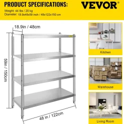 VEVOR Stainless Steel Shelving 46.8x18.5 Inch 4 Tier Adjustable Shelf Storage Unit Stainless Steel Heavy Duty Shelving for Kitchen Commercial Office Garage Storage 330lb Per Shelf