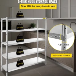VEVOR Stainless Steel Shelving 60x18.5 Inch 5 Tier Adjustable Shelf Storage Unit Stainless Steel Heavy Duty Shelving for Kitchen Commercial Office Garage Storage 330lb Per Shelf