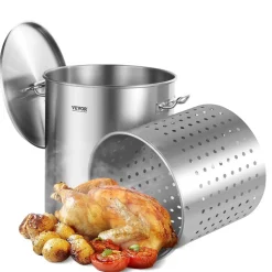 VEVOR Stainless Steel Stockpot, 54L Large Cooking Pots, Cookware Sauce Pot with Basket, Lid, and Handle, Heavy Duty Commercial Grade Stock Pot, Sanding Treatment, for Large Groups Events Silver
