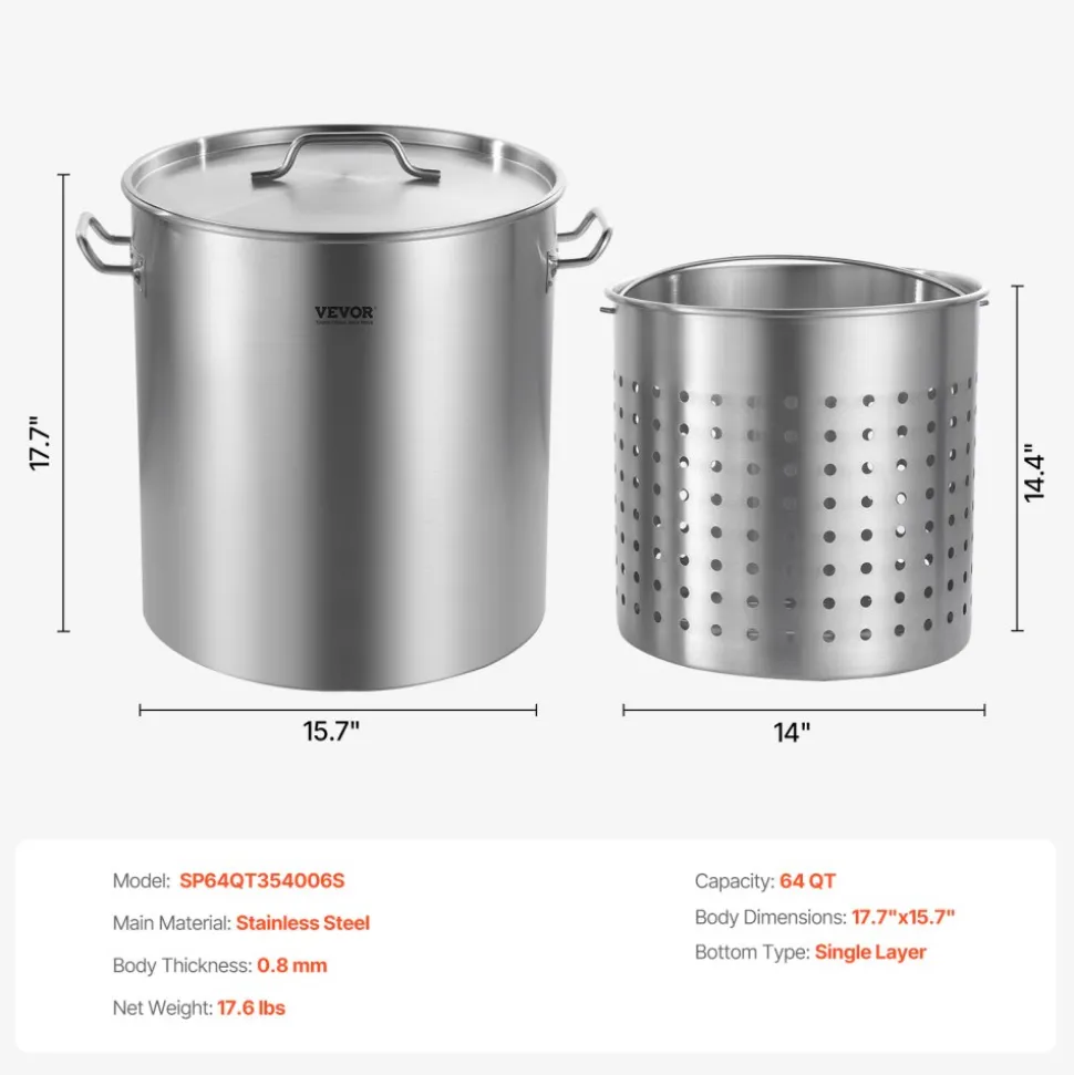 VEVOR Stainless Steel Stockpot, 54L Large Cooking Pots, Cookware Sauce Pot with Basket, Lid, and Handle, Heavy Duty Commercial Grade Stock Pot, Sanding Treatment, for Large Groups Events Silver