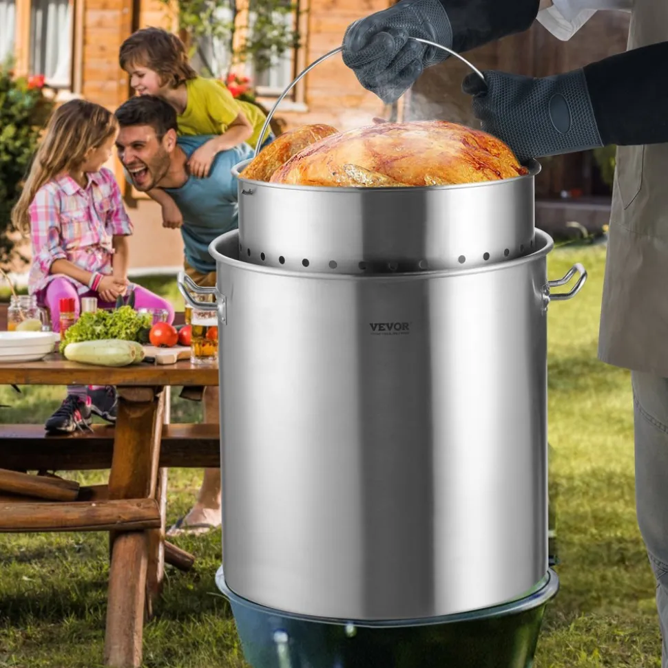 VEVOR Stainless Steel Stockpot, 54L Large Cooking Pots, Cookware Sauce Pot with Basket, Lid, and Handle, Heavy Duty Commercial Grade Stock Pot, Sanding Treatment, for Large Groups Events Silver