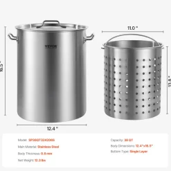 VEVOR Stainless Steel Stockpot, 42 Quart Large Cooking Pots, Multipurpose Cookware Sauce Pot with Lid & Handle, Heavy Duty Commercial Grade Stock Pot, Sanding Treatment, for Large Groups Events Silver