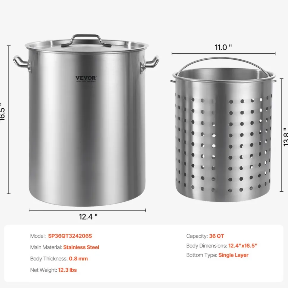 VEVOR Stainless Steel Stockpot, 42 Quart Large Cooking Pots, Multipurpose Cookware Sauce Pot with Lid & Handle, Heavy Duty Commercial Grade Stock Pot, Sanding Treatment, for Large Groups Events Silver