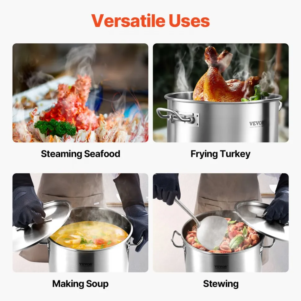 VEVOR Stainless Steel Stockpot, 53 Quart Large Cooking Pots, Cookware Sauce Pot with Lid, and Handle, Heavy Duty Commercial Grade Stock Pot, Sanding Treatment, for Large Groups Events Silver