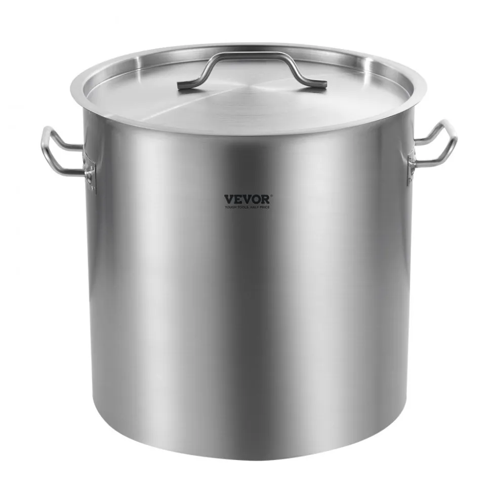 VEVOR Stainless Steel Stockpot, 53 Quart Large Cooking Pots, Cookware Sauce Pot with Lid, and Handle, Heavy Duty Commercial Grade Stock Pot, Sanding Treatment, for Large Groups Events Silver