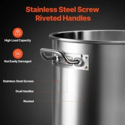 VEVOR Stainless Steel Stockpot, 53 Quart Large Cooking Pots, Cookware Sauce Pot with Lid, and Handle, Heavy Duty Commercial Grade Stock Pot, Sanding Treatment, for Large Groups Events Silver