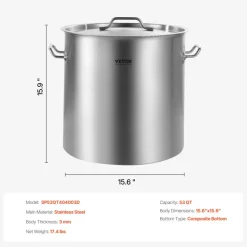VEVOR Stainless Steel Stockpot, 53 Quart Large Cooking Pots, Cookware Sauce Pot with Lid, and Handle, Heavy Duty Commercial Grade Stock Pot, Sanding Treatment, for Large Groups Events Silver