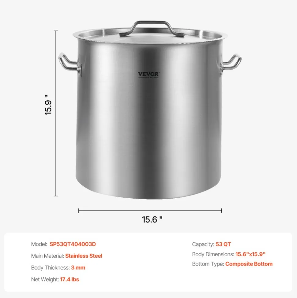 VEVOR Stainless Steel Stockpot, 53 Quart Large Cooking Pots, Cookware Sauce Pot with Lid, and Handle, Heavy Duty Commercial Grade Stock Pot, Sanding Treatment, for Large Groups Events Silver