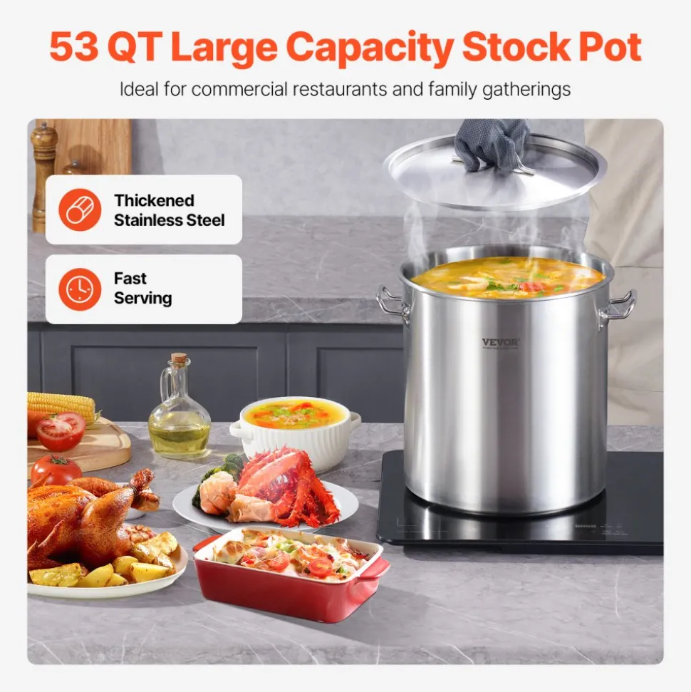 VEVOR Stainless Steel Stockpot, 53 Quart Large Cooking Pots, Cookware Sauce Pot with Lid, and Handle, Heavy Duty Commercial Grade Stock Pot, Sanding Treatment, for Large Groups Events Silver