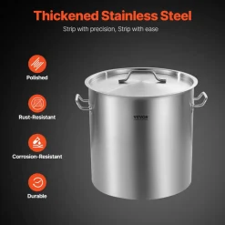 VEVOR Stainless Steel Stockpot, 53 Quart Large Cooking Pots, Cookware Sauce Pot with Lid, and Handle, Heavy Duty Commercial Grade Stock Pot, Sanding Treatment, for Large Groups Events Silver