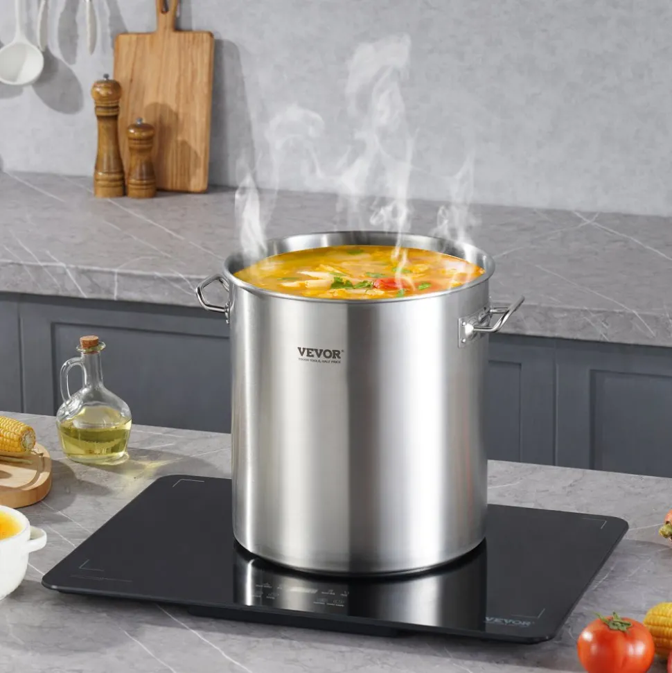 VEVOR Stainless Steel Stockpot, 53 Quart Large Cooking Pots, Cookware Sauce Pot with Lid, and Handle, Heavy Duty Commercial Grade Stock Pot, Sanding Treatment, for Large Groups Events Silver