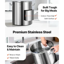 VEVOR Stainless Steel Stockpot, 42 Quart Large Cooking Pots, Cookware Sauce Pot with Basket, Lid, and Handle, Heavy Duty Commercial Grade Stock Pot, Sanding Treatment, for Large Groups Events Silver