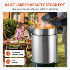 VEVOR Stainless Steel Stockpot, 84 Quart Large Cooking Pots, Cookware Sauce Pot with Basket, Lid, and Handle, Heavy Duty Commercial Grade Stock Pot, Sanding Treatment, for Large Groups Events Silver