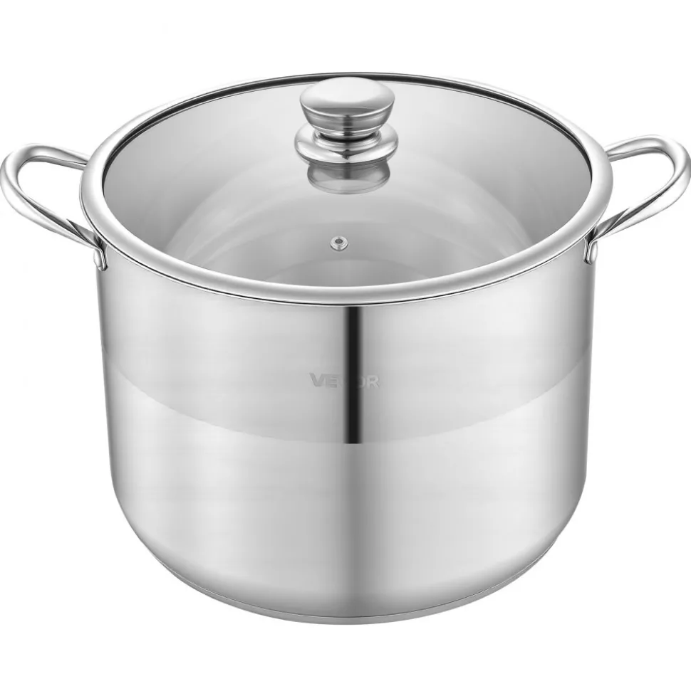 VEVOR Stainless Steel Stock Pot, 16-Quart Stainless Steel Stockpot with Glass Lid, PFOA-Free, PFAS-Free, Compatible with Gas Stoves, Induction Cooktops, Electric Stoves, for Soups, Stews, and Pasta