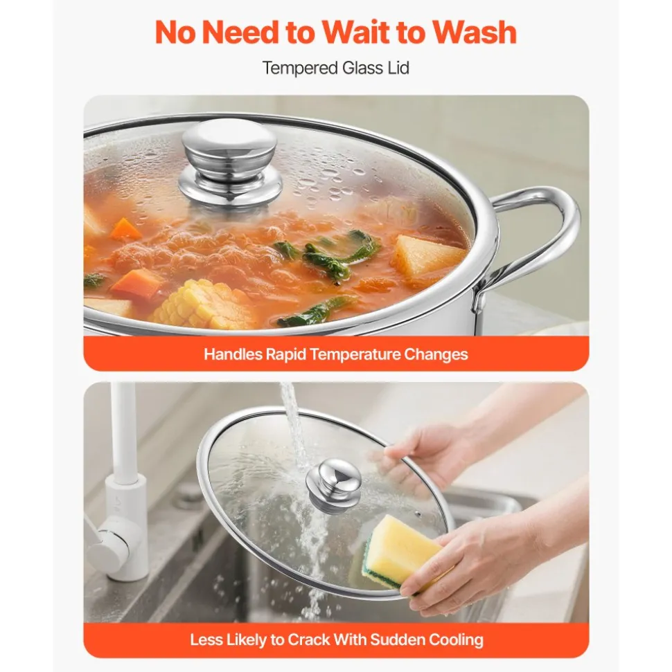 VEVOR Stainless Steel Stock Pot, 16-Quart Stainless Steel Stockpot with Glass Lid, PFOA-Free, PFAS-Free, Compatible with Gas Stoves, Induction Cooktops, Electric Stoves, for Soups, Stews, and Pasta