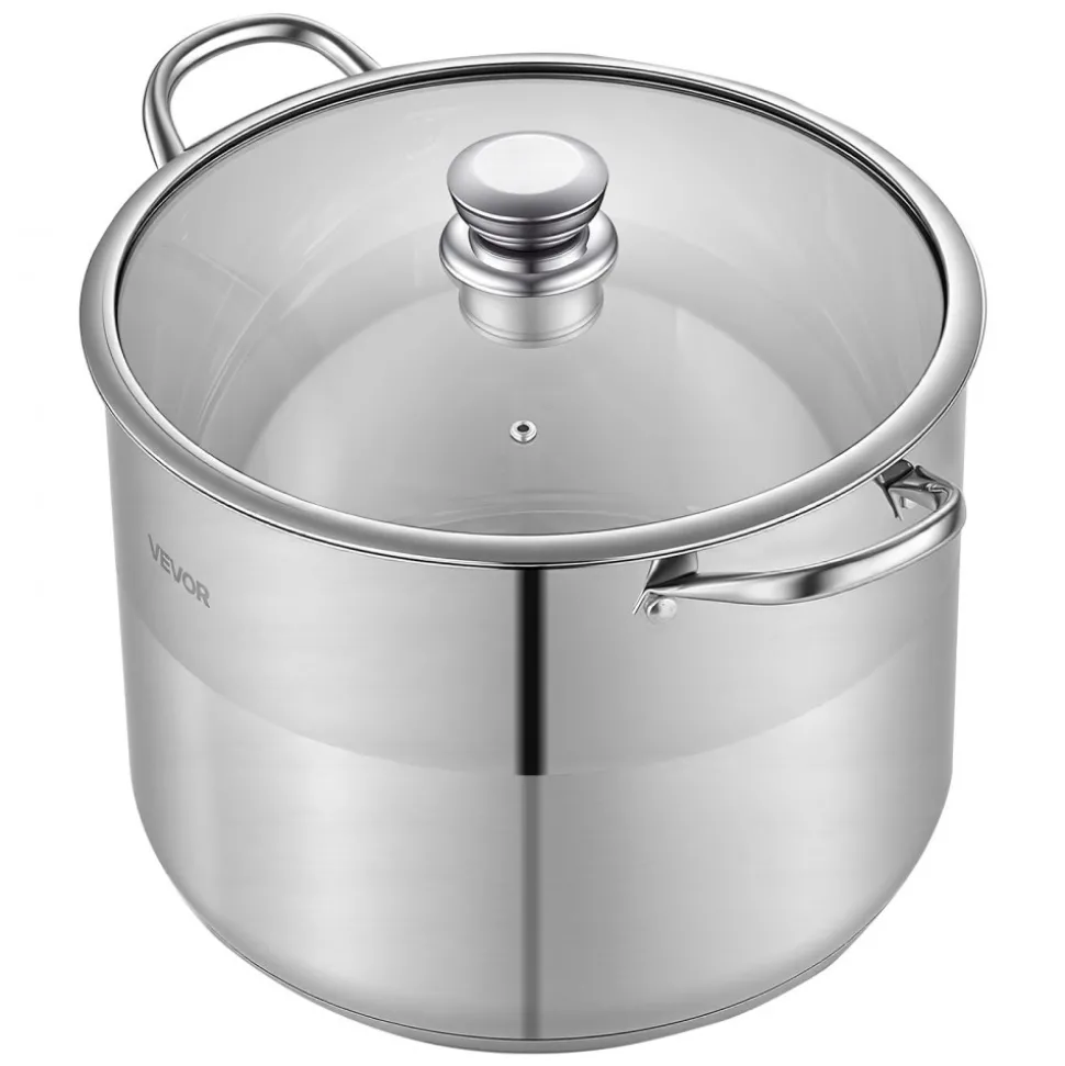 VEVOR Stainless Steel Stock Pot, 16-Quart Stainless Steel Stockpot with Glass Lid, PFOA-Free, PFAS-Free, Compatible with Gas Stoves, Induction Cooktops, Electric Stoves, for Soups, Stews, and Pasta