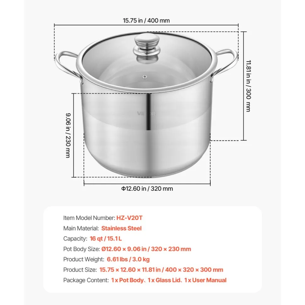 VEVOR Stainless Steel Stock Pot, 16-Quart Stainless Steel Stockpot with Glass Lid, PFOA-Free, PFAS-Free, Compatible with Gas Stoves, Induction Cooktops, Electric Stoves, for Soups, Stews, and Pasta