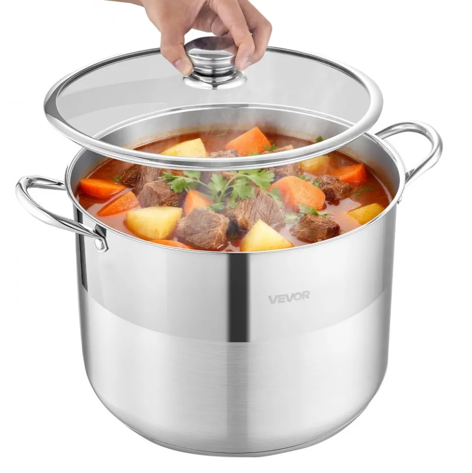 VEVOR Stainless Steel Stock Pot, 16-Quart Stainless Steel Stockpot with Glass Lid, PFOA-Free, PFAS-Free, Compatible with Gas Stoves, Induction Cooktops, Electric Stoves, for Soups, Stews, and Pasta