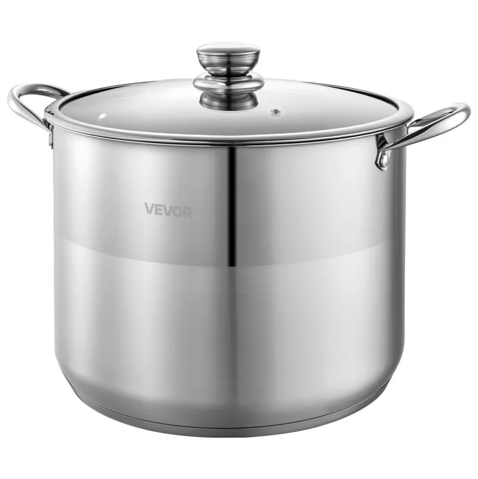 VEVOR Stainless Steel Stock Pot, 16-Quart Stainless Steel Stockpot with Glass Lid, PFOA-Free, PFAS-Free, Compatible with Gas Stoves, Induction Cooktops, Electric Stoves, for Soups, Stews, and Pasta