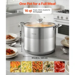 VEVOR Stainless Steel Stock Pot, 16-Quart Stainless Steel Stockpot with Glass Lid, PFOA-Free, PFAS-Free, Compatible with Gas Stoves, Induction Cooktops, Electric Stoves, for Soups, Stews, and Pasta