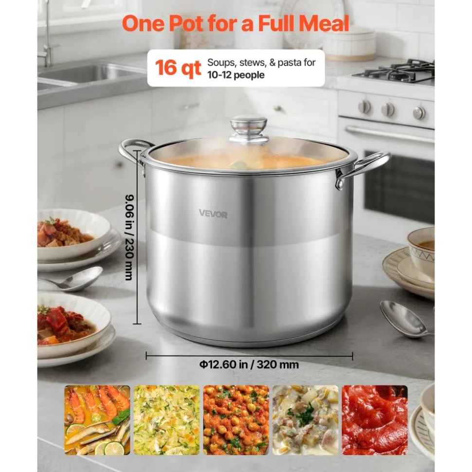 VEVOR Stainless Steel Stock Pot, 16-Quart Stainless Steel Stockpot with Glass Lid, PFOA-Free, PFAS-Free, Compatible with Gas Stoves, Induction Cooktops, Electric Stoves, for Soups, Stews, and Pasta