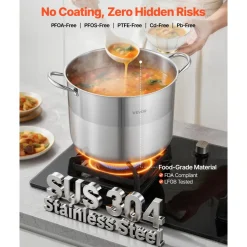 VEVOR Stainless Steel Stock Pot, 16-Quart Stainless Steel Stockpot with Glass Lid, PFOA-Free, PFAS-Free, Compatible with Gas Stoves, Induction Cooktops, Electric Stoves, for Soups, Stews, and Pasta