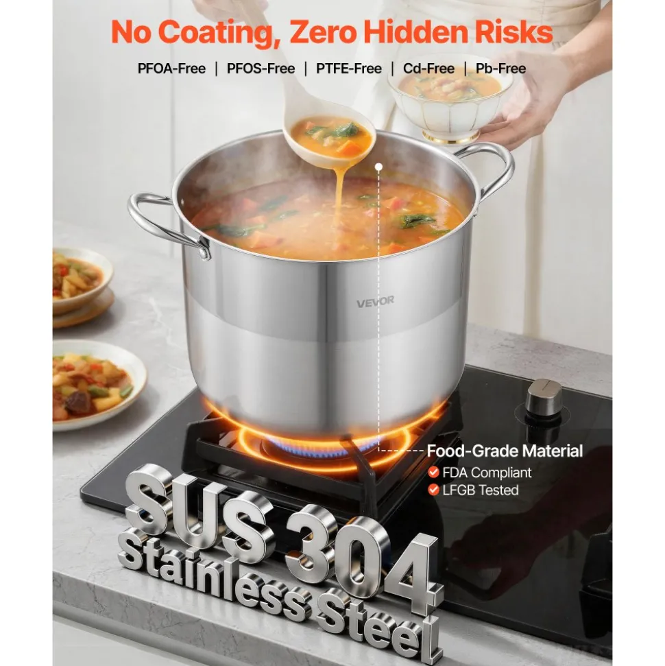 VEVOR Stainless Steel Stock Pot, 16-Quart Stainless Steel Stockpot with Glass Lid, PFOA-Free, PFAS-Free, Compatible with Gas Stoves, Induction Cooktops, Electric Stoves, for Soups, Stews, and Pasta