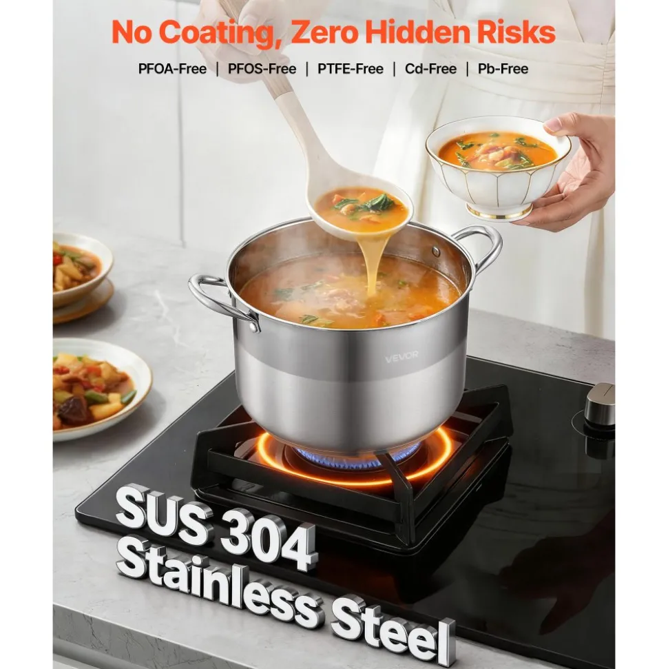 VEVOR Stainless Steel Stock Pot, 12-Quart Stainless Steel Stockpot with Glass Lid, PFOA-Free, PFAS-Free, Compatible with Gas Stoves, Induction Cooktops, Electric Stoves, for Soups, Stews, and Pasta