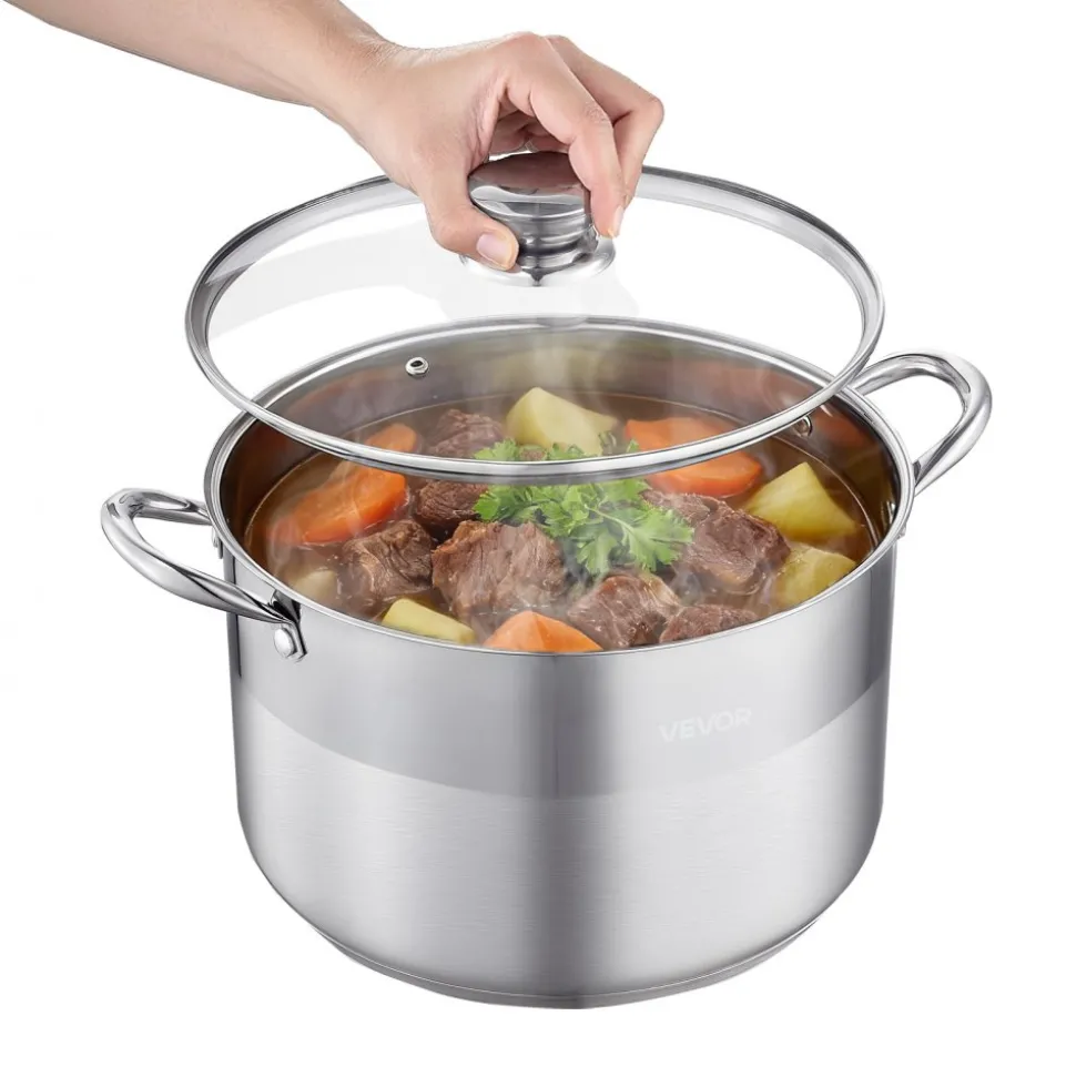 VEVOR Stainless Steel Stock Pot, 12-Quart Stainless Steel Stockpot with Glass Lid, PFOA-Free, PFAS-Free, Compatible with Gas Stoves, Induction Cooktops, Electric Stoves, for Soups, Stews, and Pasta
