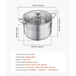 VEVOR Stainless Steel Stock Pot, 12-Quart Stainless Steel Stockpot with Glass Lid, PFOA-Free, PFAS-Free, Compatible with Gas Stoves, Induction Cooktops, Electric Stoves, for Soups, Stews, and Pasta