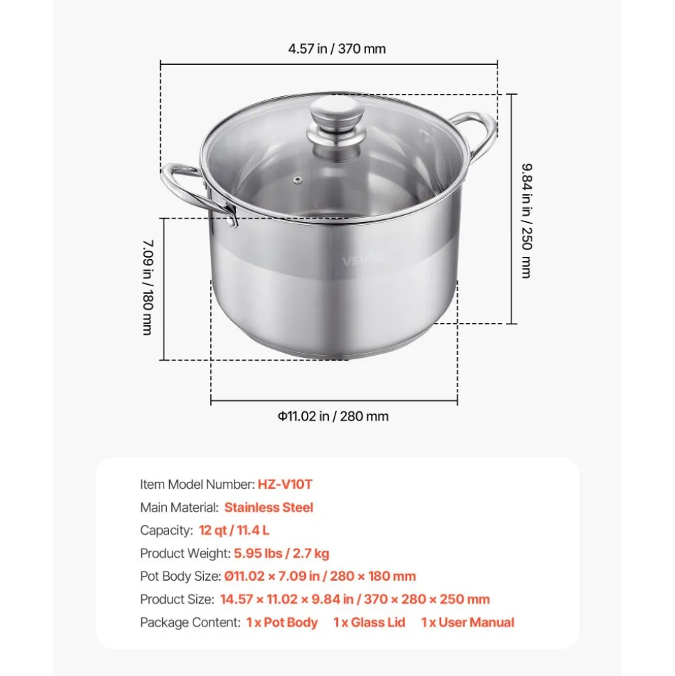 VEVOR Stainless Steel Stock Pot, 12-Quart Stainless Steel Stockpot with Glass Lid, PFOA-Free, PFAS-Free, Compatible with Gas Stoves, Induction Cooktops, Electric Stoves, for Soups, Stews, and Pasta