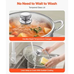 VEVOR Stainless Steel Stock Pot, 12-Quart Stainless Steel Stockpot with Glass Lid, PFOA-Free, PFAS-Free, Compatible with Gas Stoves, Induction Cooktops, Electric Stoves, for Soups, Stews, and Pasta
