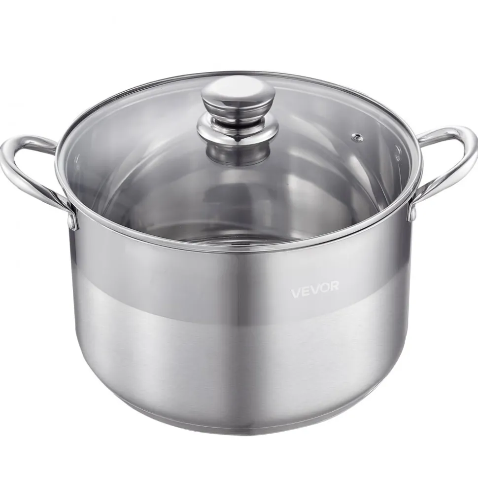 VEVOR Stainless Steel Stock Pot, 12-Quart Stainless Steel Stockpot with Glass Lid, PFOA-Free, PFAS-Free, Compatible with Gas Stoves, Induction Cooktops, Electric Stoves, for Soups, Stews, and Pasta