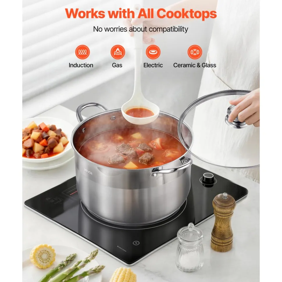 VEVOR Stainless Steel Stock Pot, 12-Quart Stainless Steel Stockpot with Glass Lid, PFOA-Free, PFAS-Free, Compatible with Gas Stoves, Induction Cooktops, Electric Stoves, for Soups, Stews, and Pasta