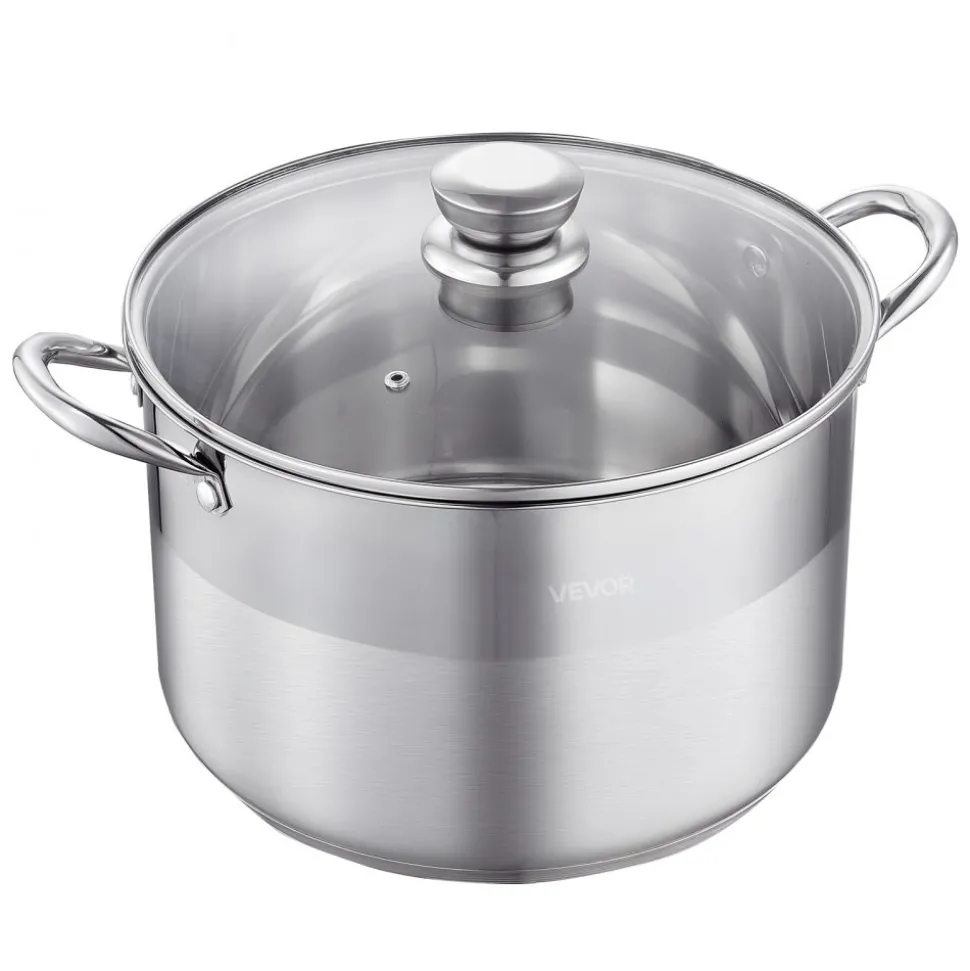 VEVOR Stainless Steel Stock Pot, 12-Quart Stainless Steel Stockpot with Glass Lid, PFOA-Free, PFAS-Free, Compatible with Gas Stoves, Induction Cooktops, Electric Stoves, for Soups, Stews, and Pasta