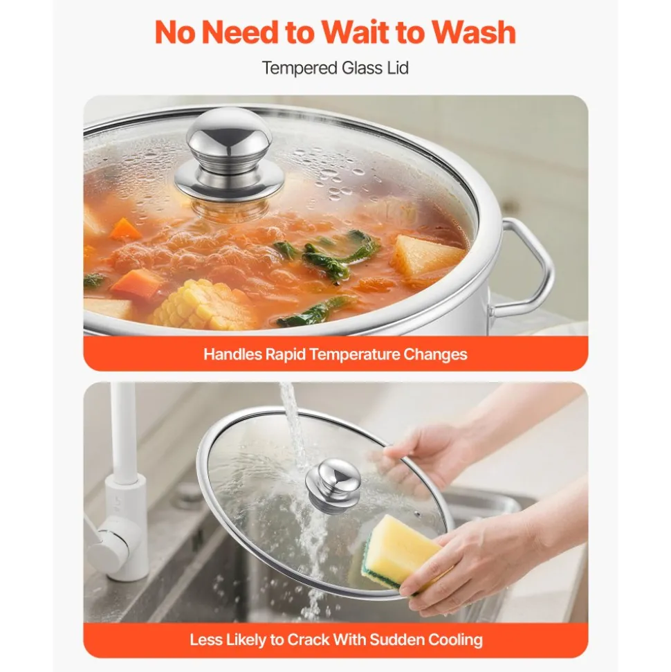 VEVOR Stainless Steel Stock Pot, 21-Quart Stainless Steel Stockpot with Glass Lid, PFOA-Free, PFAS-Free, Compatible with Gas Stoves, Induction Cooktops, Electric Stoves, for Soups, Stews, and Pasta
