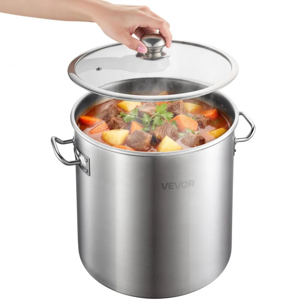 VEVOR Stainless Steel Stock Pot, 21-Quart Stainless Steel Stockpot with Glass Lid, PFOA-Free, PFAS-Free, Compatible with Gas Stoves, Induction Cooktops, Electric Stoves, for Soups, Stews, and Pasta