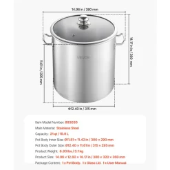 VEVOR Stainless Steel Stock Pot, 21-Quart Stainless Steel Stockpot with Glass Lid, PFOA-Free, PFAS-Free, Compatible with Gas Stoves, Induction Cooktops, Electric Stoves, for Soups, Stews, and Pasta