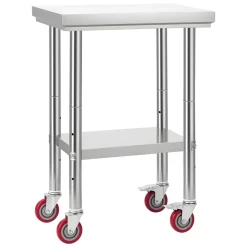 VEVOR Stainless Steel Table, 24 x 18 Inches Food Prep Worktable with Wheels, Kitchen Prep Table with Adjustable Undershelf Workstations for Commercial Kitchen, Restaurant, Hotel and Garage, Outdoor