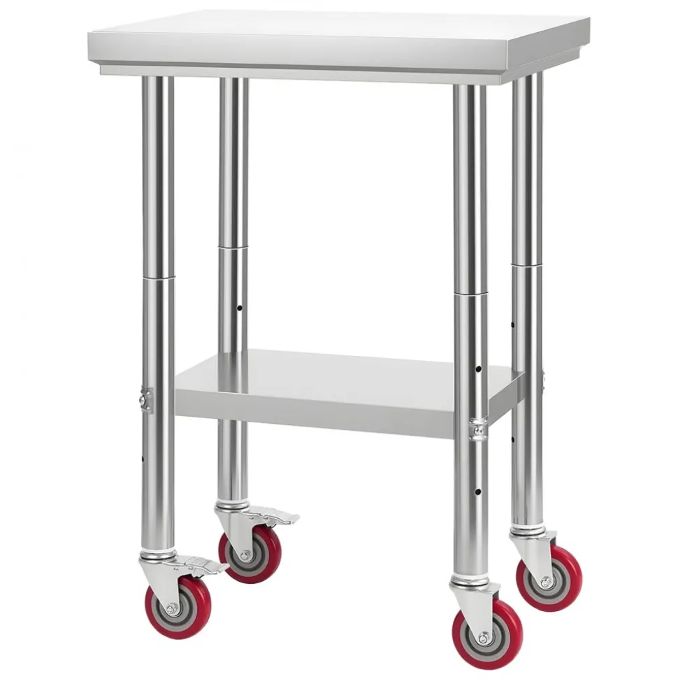 VEVOR Stainless Steel Table, 24 x 18 Inches Food Prep Worktable with Wheels, Kitchen Prep Table with Adjustable Undershelf Workstations for Commercial Kitchen, Restaurant, Hotel and Garage, Outdoor