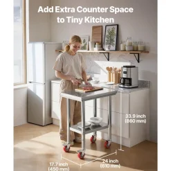 VEVOR Stainless Steel Table, 24 x 18 Inches Food Prep Worktable with Wheels, Kitchen Prep Table with Adjustable Undershelf Workstations for Commercial Kitchen, Restaurant, Hotel and Garage, Outdoor