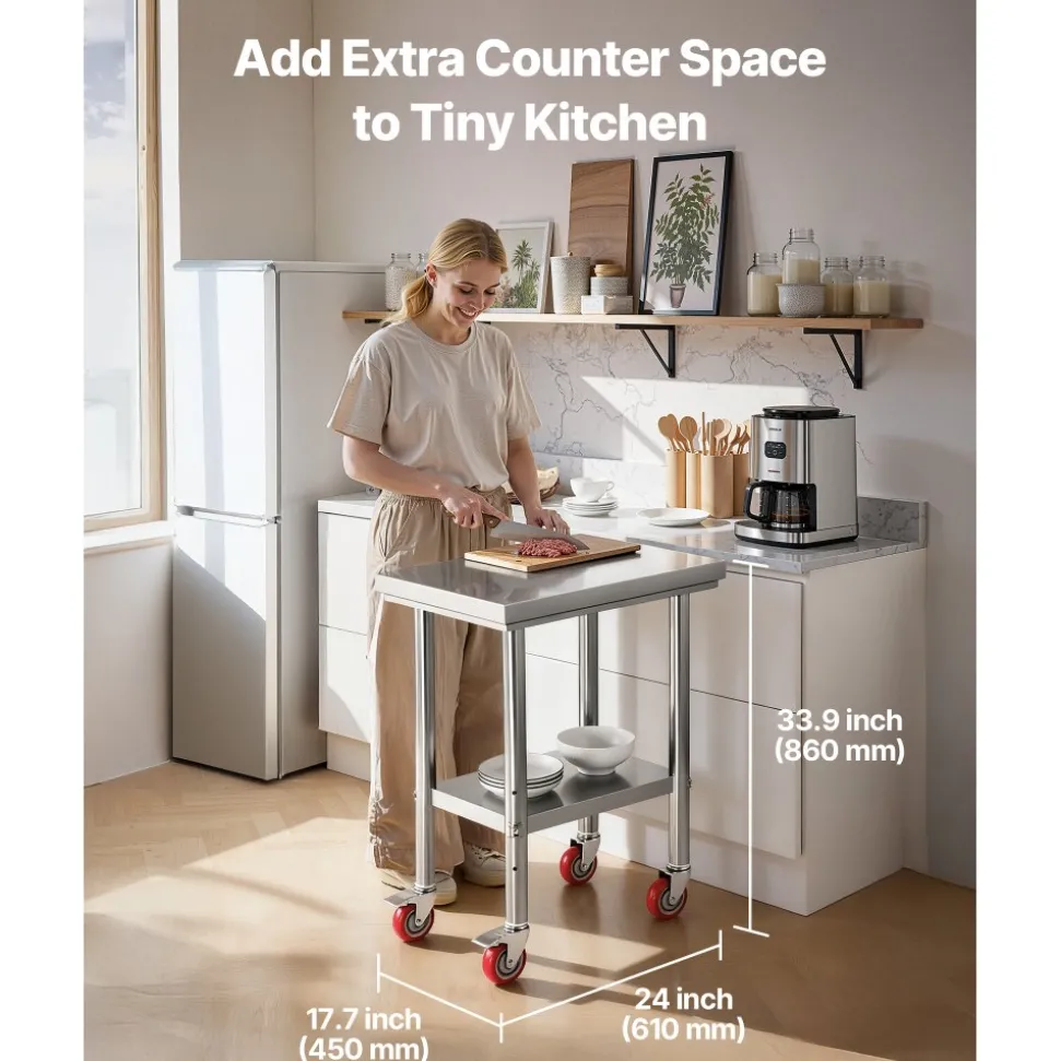 VEVOR Stainless Steel Table, 24 x 18 Inches Food Prep Worktable with Wheels, Kitchen Prep Table with Adjustable Undershelf Workstations for Commercial Kitchen, Restaurant, Hotel and Garage, Outdoor