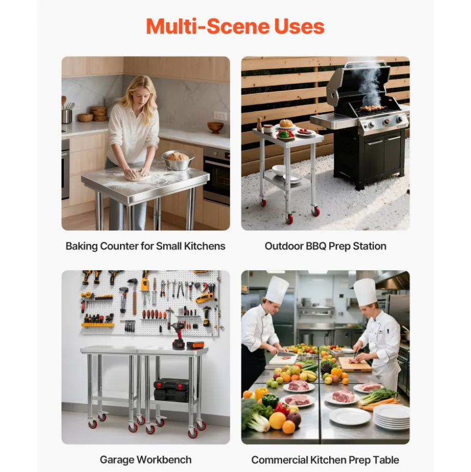 VEVOR Stainless Steel Table, 24 x 18 Inches Food Prep Worktable with Wheels, Kitchen Prep Table with Adjustable Undershelf Workstations for Commercial Kitchen, Restaurant, Hotel and Garage, Outdoor