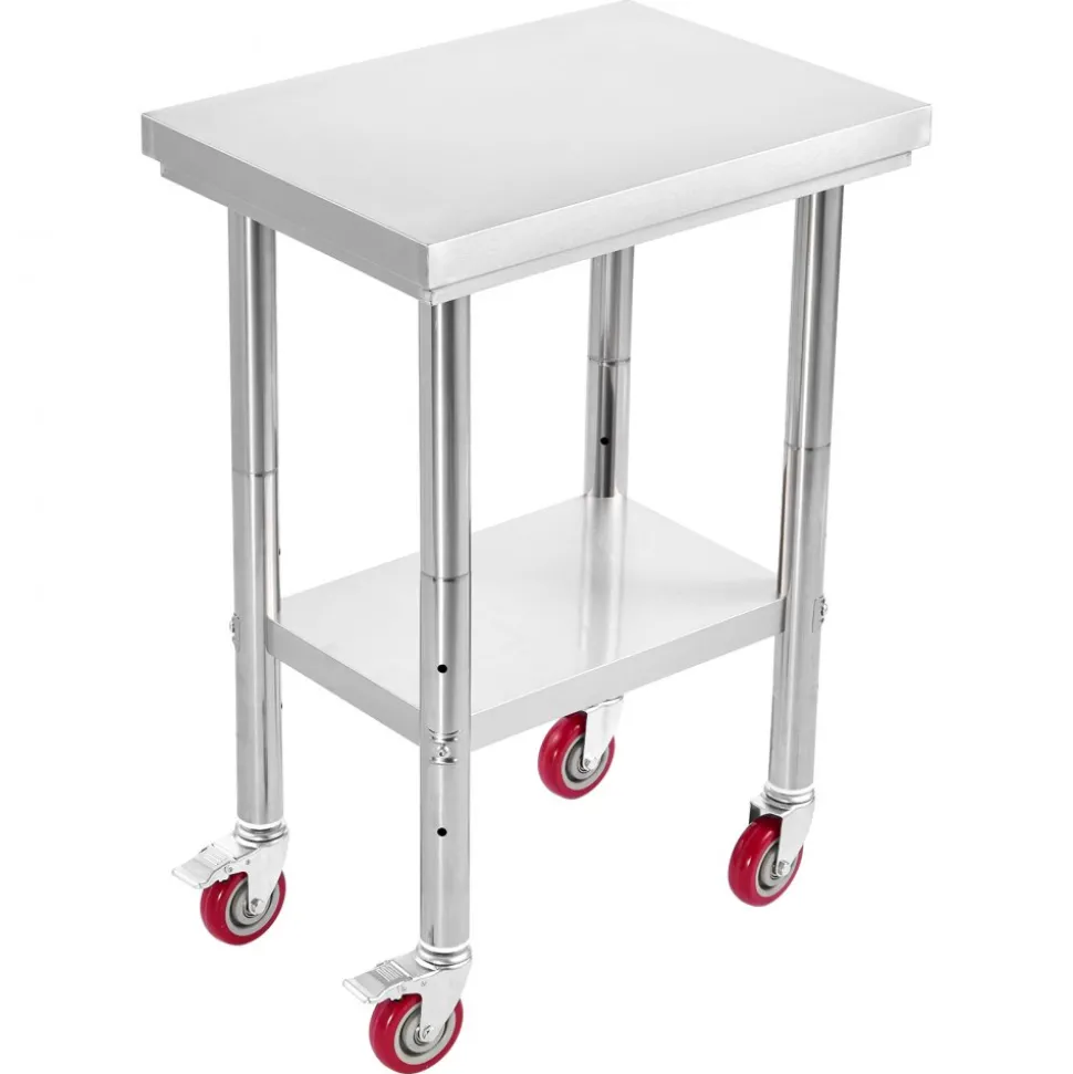VEVOR Stainless Steel Table, 24 x 18 Inches Food Prep Worktable with Wheels, Kitchen Prep Table with Adjustable Undershelf Workstations for Commercial Kitchen, Restaurant, Hotel and Garage, Outdoor