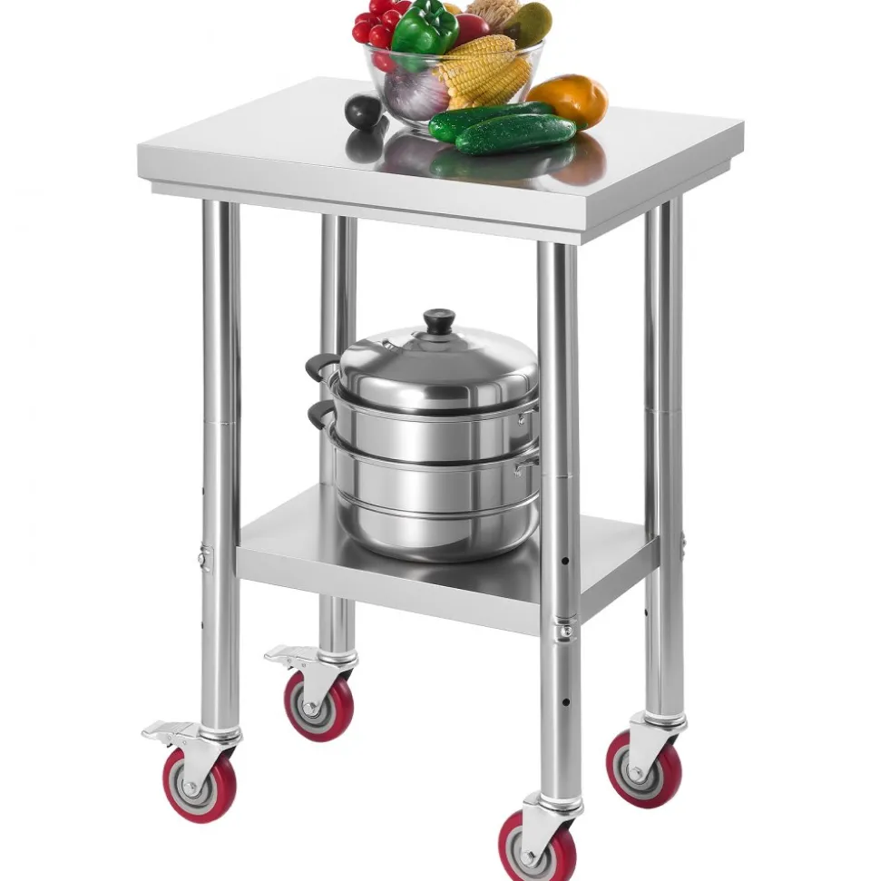 VEVOR Stainless Steel Table, 24 x 18 Inches Food Prep Worktable with Wheels, Kitchen Prep Table with Adjustable Undershelf Workstations for Commercial Kitchen, Restaurant, Hotel and Garage, Outdoor