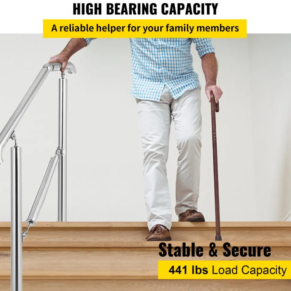 VEVOR Stainless Steel Transitional Handrail fit for Level Surface and 2 to 3 Adjustable Stair Indoor Outdoor Step Railings 441lb Capacity with Installation Kit Porch DIY, Silver