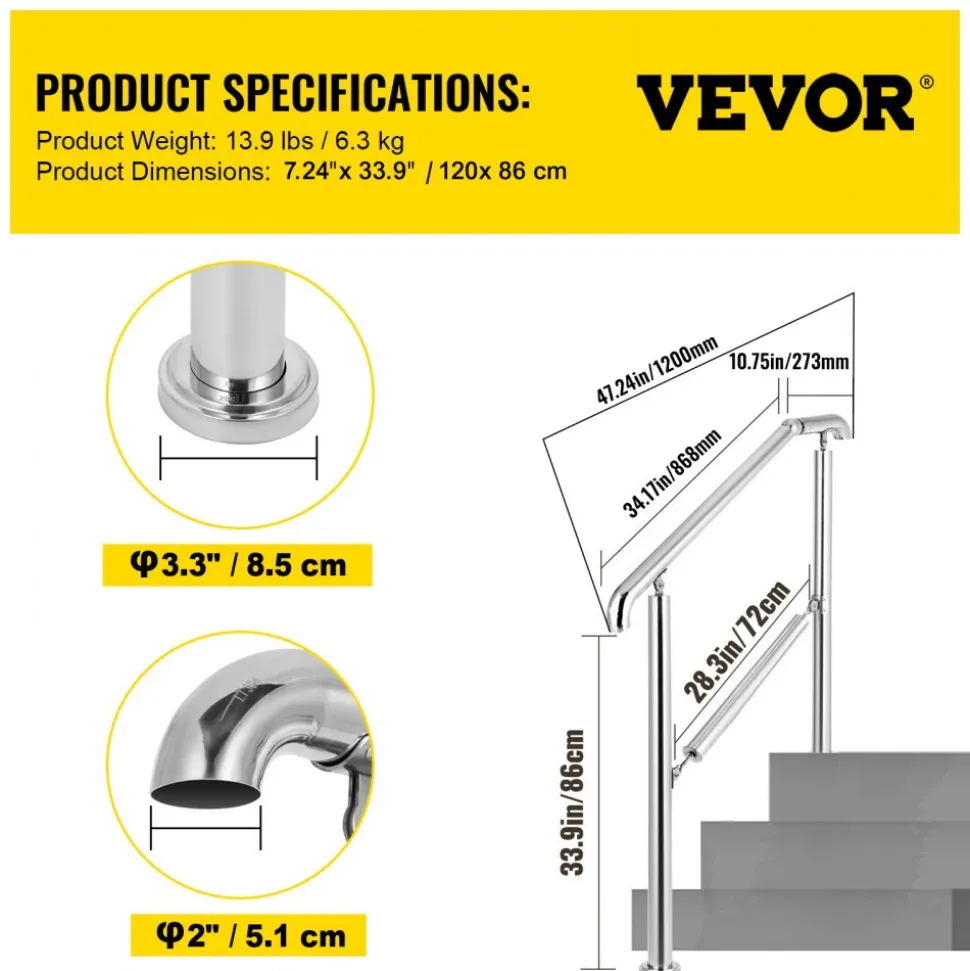 VEVOR Stainless Steel Transitional Handrail fit for Level Surface and 2 to 3 Adjustable Stair Indoor Outdoor Step Railings 441lb Capacity with Installation Kit Porch DIY, Silver