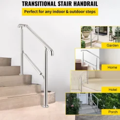 VEVOR Stainless Steel Transitional Handrail fit for Level Surface and 2 to 3 Adjustable Stair Indoor Outdoor Step Railings 441lb Capacity with Installation Kit Porch DIY, Silver