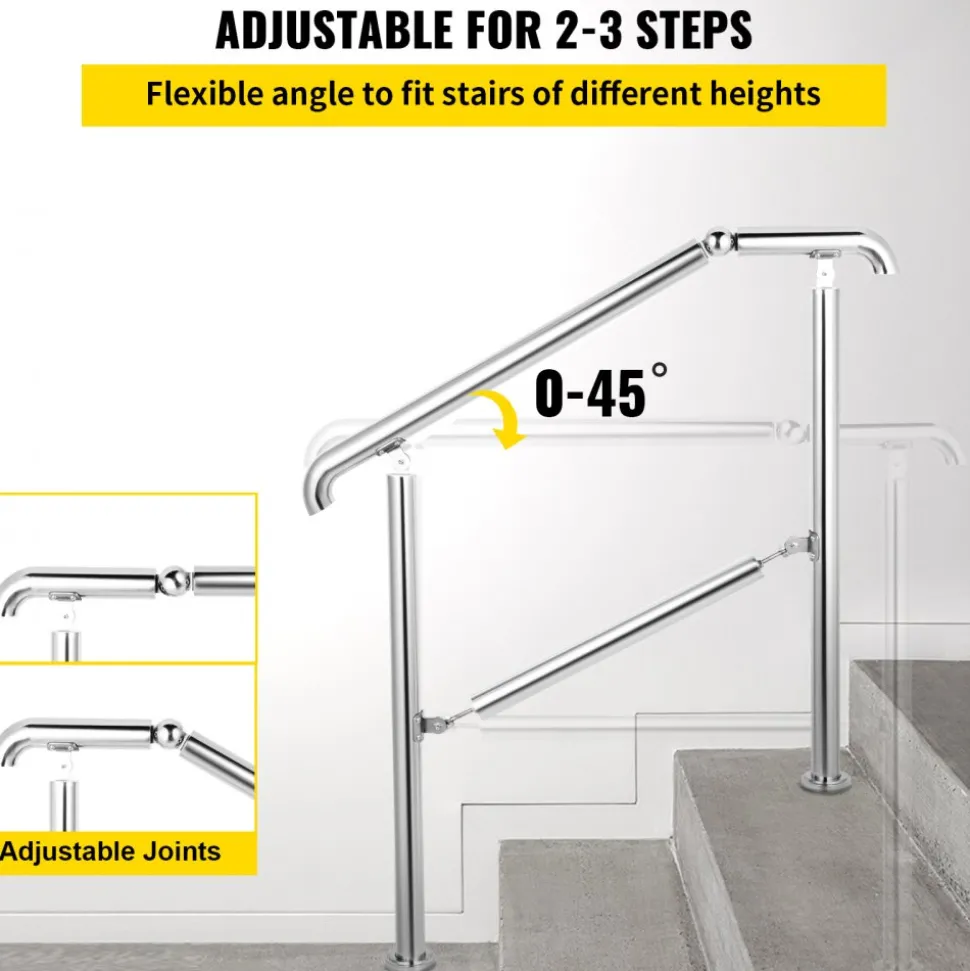 VEVOR Stainless Steel Transitional Handrail fit for Level Surface and 2 to 3 Adjustable Stair Indoor Outdoor Step Railings 441lb Capacity with Installation Kit Porch DIY, Silver