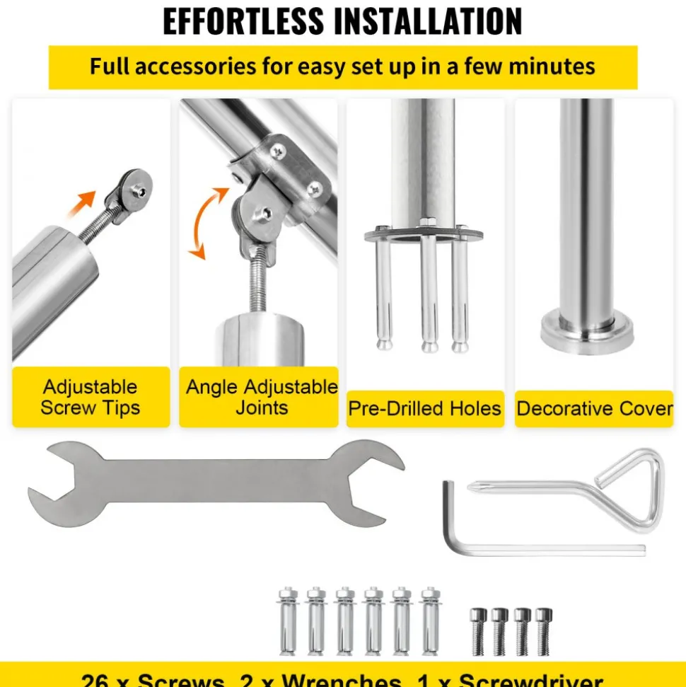 VEVOR Stainless Steel Transitional Handrail fit for Level Surface and 2 to 3 Adjustable Stair Indoor Outdoor Step Railings 441lb Capacity with Installation Kit Porch DIY, Silver